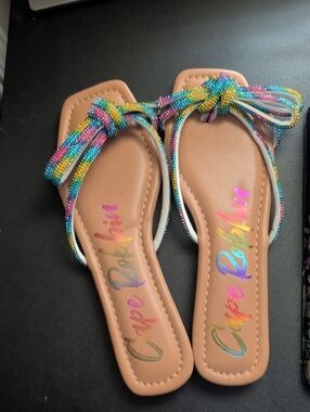 Cape Robbin Tan Slide Sandals with Multicolor Braided Straps